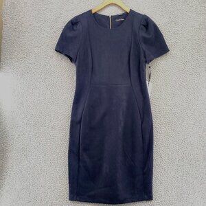 Calvin Klein Dress Womens 10 Navy Microsuede Sheath Short Sleeves Stretch NWT